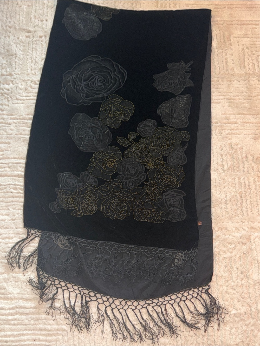 Black Velvet Floral Fringe Wrap Scarf
